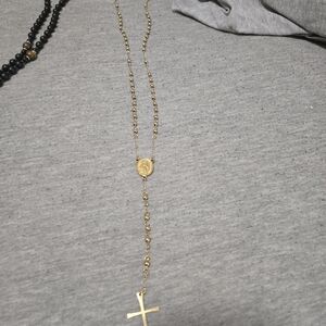 Goddess Gold Tone Rosary-Style Cross Necklace